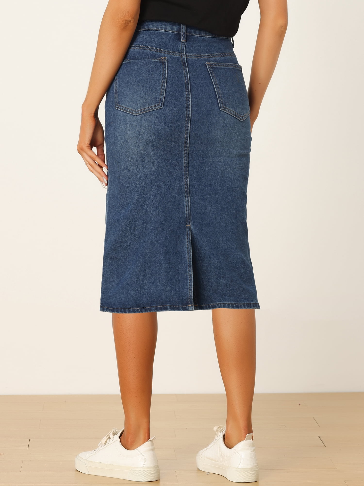 DARING DIVA Women's Denim Split Back Pockets Midi Jean Skirts S Blue