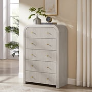 KeyWhat Modern 5-Drawer Dresser, 48" Fluted Tall Chest of Drawers with Curved Profile and Metal Handles, Wood Storage Cabinet for Bedroom, Living Room and Hallway, White Alder