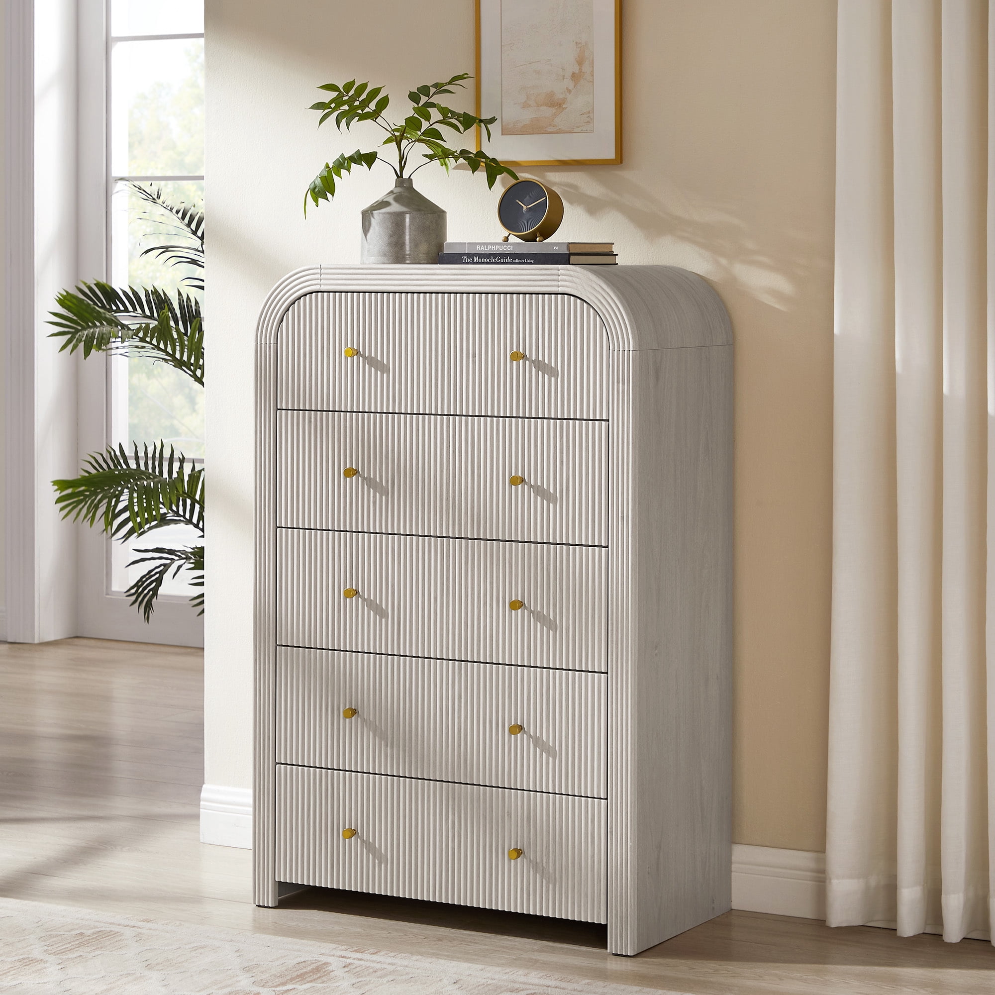 KeyWhat Modern 5-Drawer Dresser, 48" Fluted Tall Chest of Drawers with Curved Profile and Metal Handles, Wood Storage Cabinet for Bedroom, Living Room and Hallway, White Alder