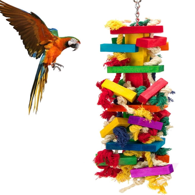 Juguetes extra grandes para loros y pájaros para guacamayos, grises africanos y loros amazónicos. Los coloridos bloques de madera están de moda y son brillantes.