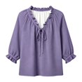 thumbnail image 5 of BODOAO Boho Peasant Blouse for Women, Ruffle V Neck Lace Up Front Top with 3/4 Balloon Sleeves, Textured Flowy Loose Fit Shirt for Summer Beach Vacation and Weekend Outfits Purple S, 5 of 5