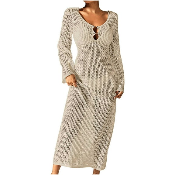 Efsteb Women's Beach Crochet Maxi Dress Summer Knit Hollow Out Long Sleeve Cover Ups Mesh Bathing Suit Vacation Swimwear (Beige,M)