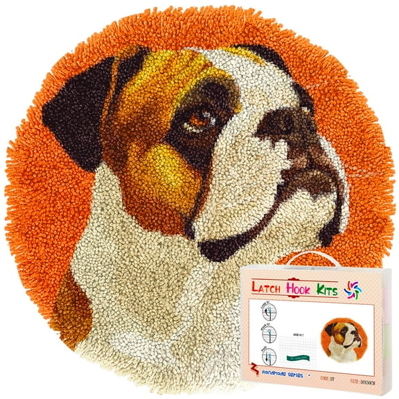 Latch Hook Rug Kit English Bulldog Stamped Handmade Round Shape Carpet Crochet Yarn Craft DIY Hook and Latch Door Mat Tapestry for Christmas Home Floor Decor 50x50cm(4)