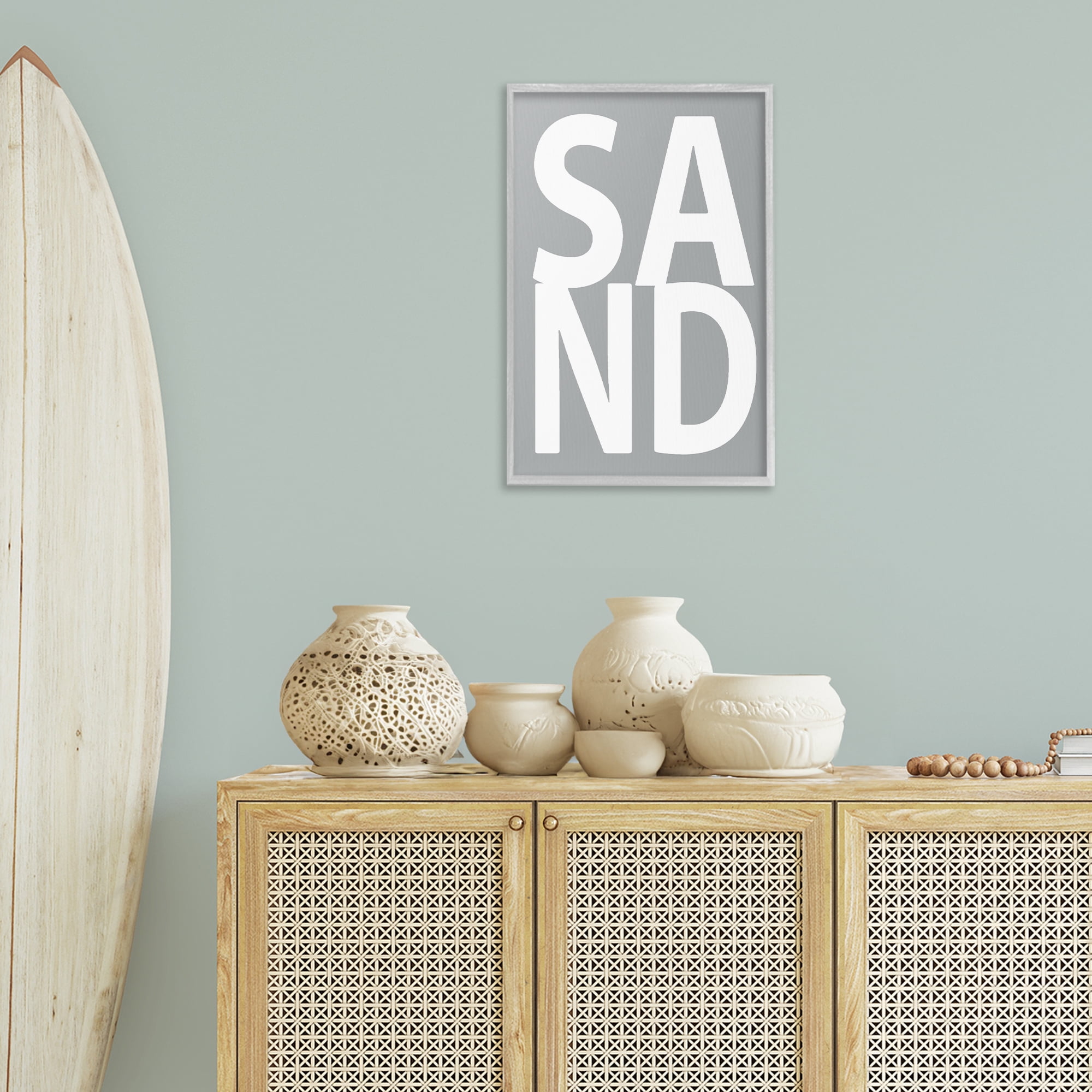 Stupell Industries Sand Word on Grey Typography Painting Gray Framed Art Print Wall Art, 16 x 24