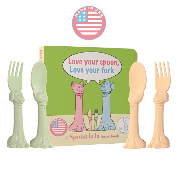 Spoon la la Made in USA Toddler Utensil Set (4 Pack) & Board Book - Spoons & Forks for Kids, Self-Standing 3D Ergonomic Cat & Dog Handles, BPA-free, Dishwasher Safe (Yellow, Mint Green)