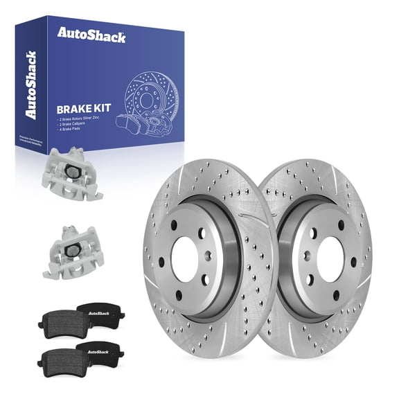AutoShack Rear Solid Drilled & Slotted Silver Zinc Coated Brake Rotors   Ceramic Pads   Calipers 8-PC Brake Kit Replacement for 2016 Audi Q5 SilverShield Pro 11.81" (299.9 mm)