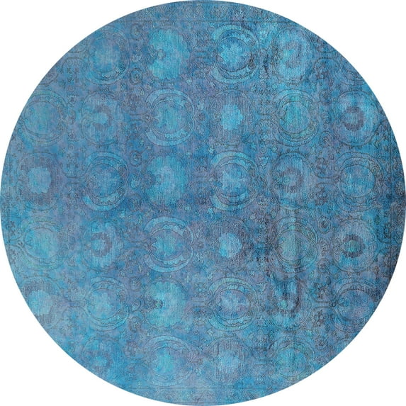Ahgly Company Machine Washable Indoor Round Oriental Turquoise Blue Industrial Area Rugs, 6' Round