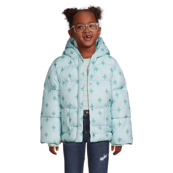Lilo & Stitch Girls Hooded Puffer Coat with Patch Pockets, Sizes 4-12