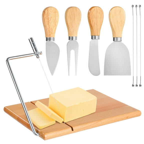 Cheese Slicers Set with 4 Cheese Knives, Acacia Wood Cheese Cutter Slicer with Adjustable Tension, 3 Quick Change Wires, Ideal for Mozzarella and Swiss Cheese