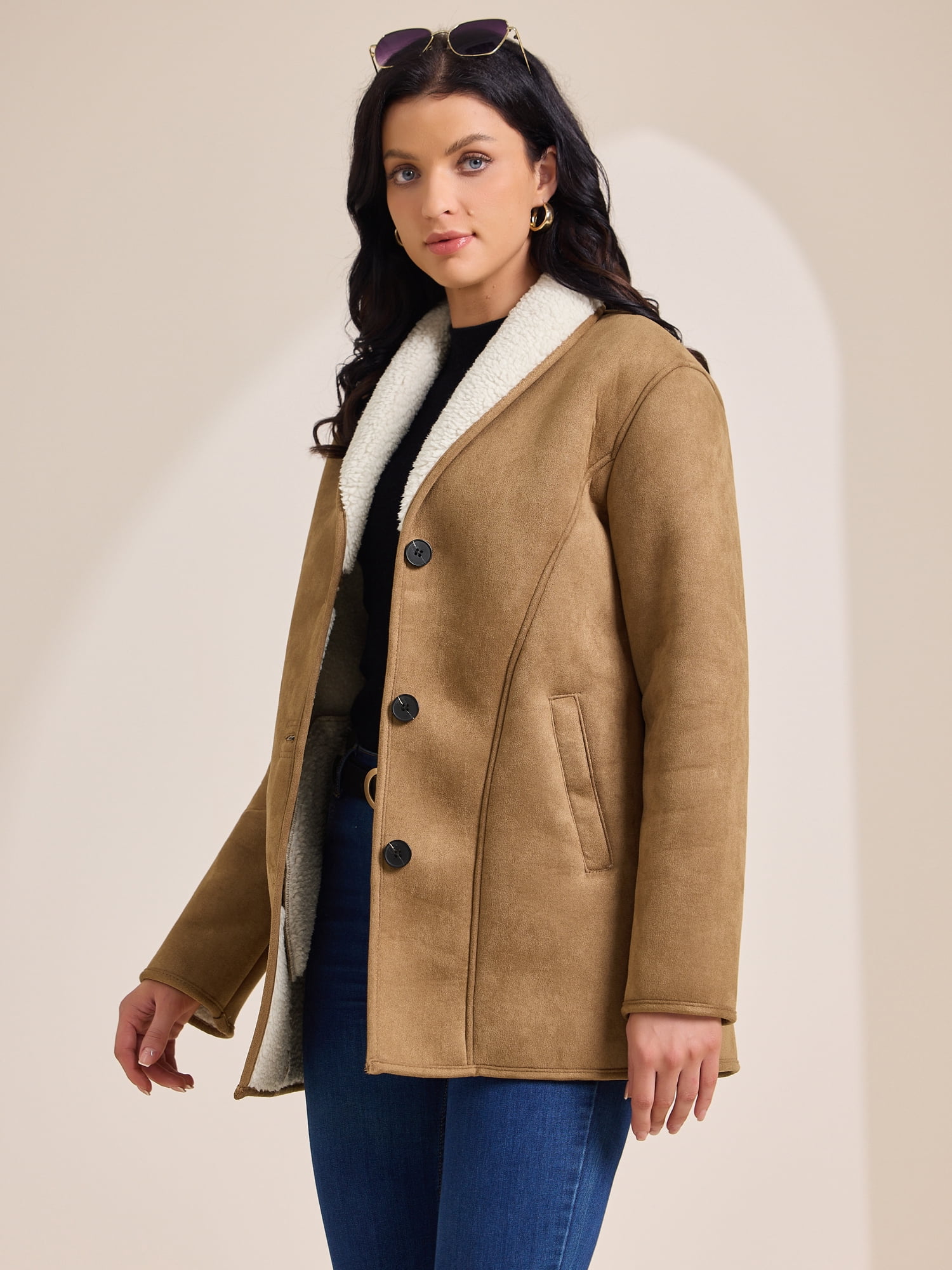 DARING DIVA Women's Suede Button Down Lapel Fleece Jacket With Pockets M Brown