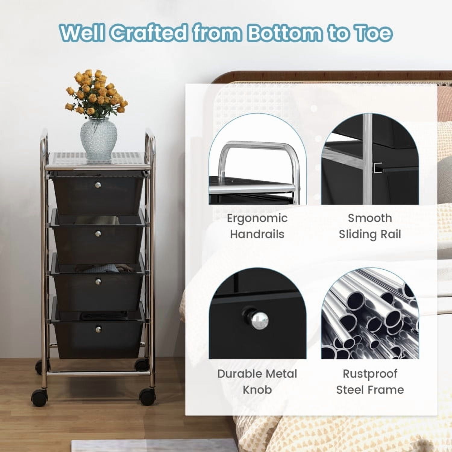 Spaco 4-Drawer Cart Storage Bin Organizer Rolling with Plastic Drawers-Black, Craft Organizers and Storage, Multipurpose Organizer Cart for Home, Office, School