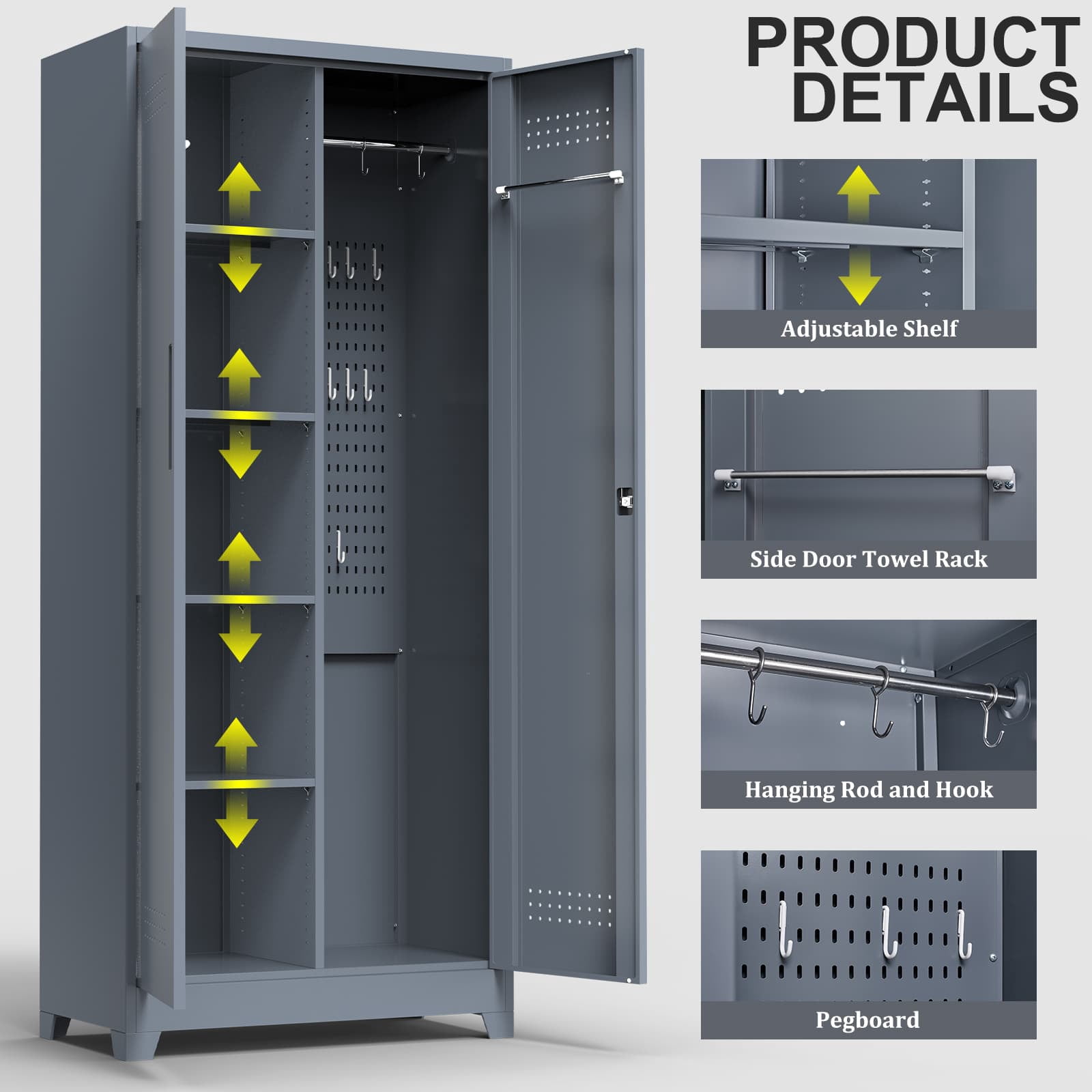 Aukfa 72" Metal Garage Storage Cabinets, Lockable Broom Closet Storage Cabinet with Shelves for Basement/Office/Laundry Room, Gray
