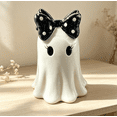 thumbnail image 2 of Halloween Ghost Figurine with Polka Dot Bow, Cute Spooky Ghost Statue Halloween Ornament, Tabletop Shelf Mantel Home Party Decoration, 2 of 5