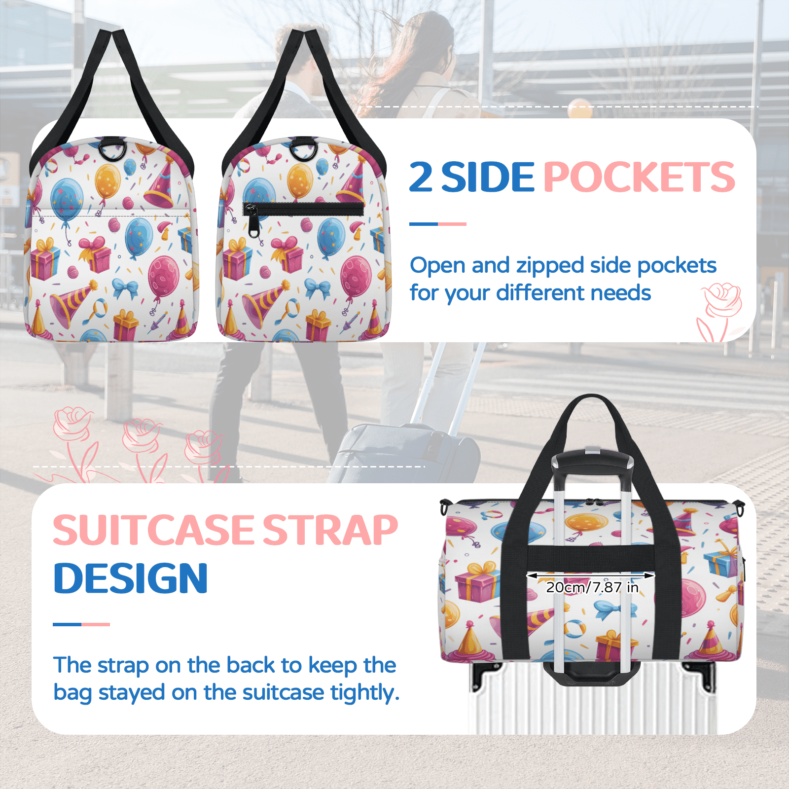 Herdesigns Happy Birthday Theme Gym Bag for Women, Duffle Bag for Travel Sport, Lightweight Waterproof Carry on Weekender Overnight Dance Yoga Workout Bags