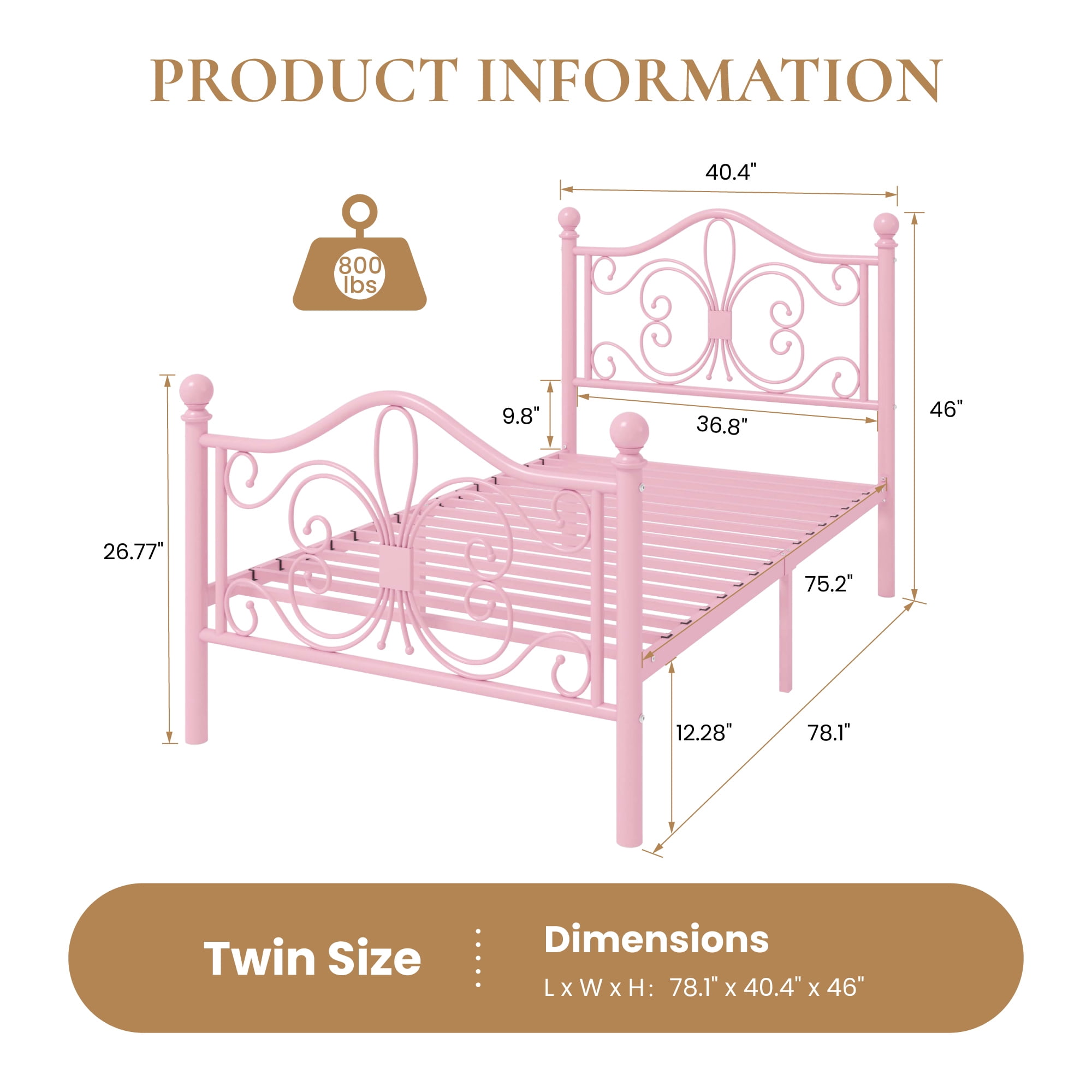 Sha Cerlin Twin Size Metal Platform Bed Frame with Victorian Vintage Butterfly Headboard&Footboard, Pink