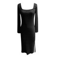 thumbnail image 3 of Women's Casual Long Sleeve Square Neck Midi Dress Knit Side Slit Long Ribbed Dresses Tunic Dress for Women Daytime Dresses for Women Casual Swing Dresses for Women Knee Length Loose Dress Party Gowns, 3 of 3