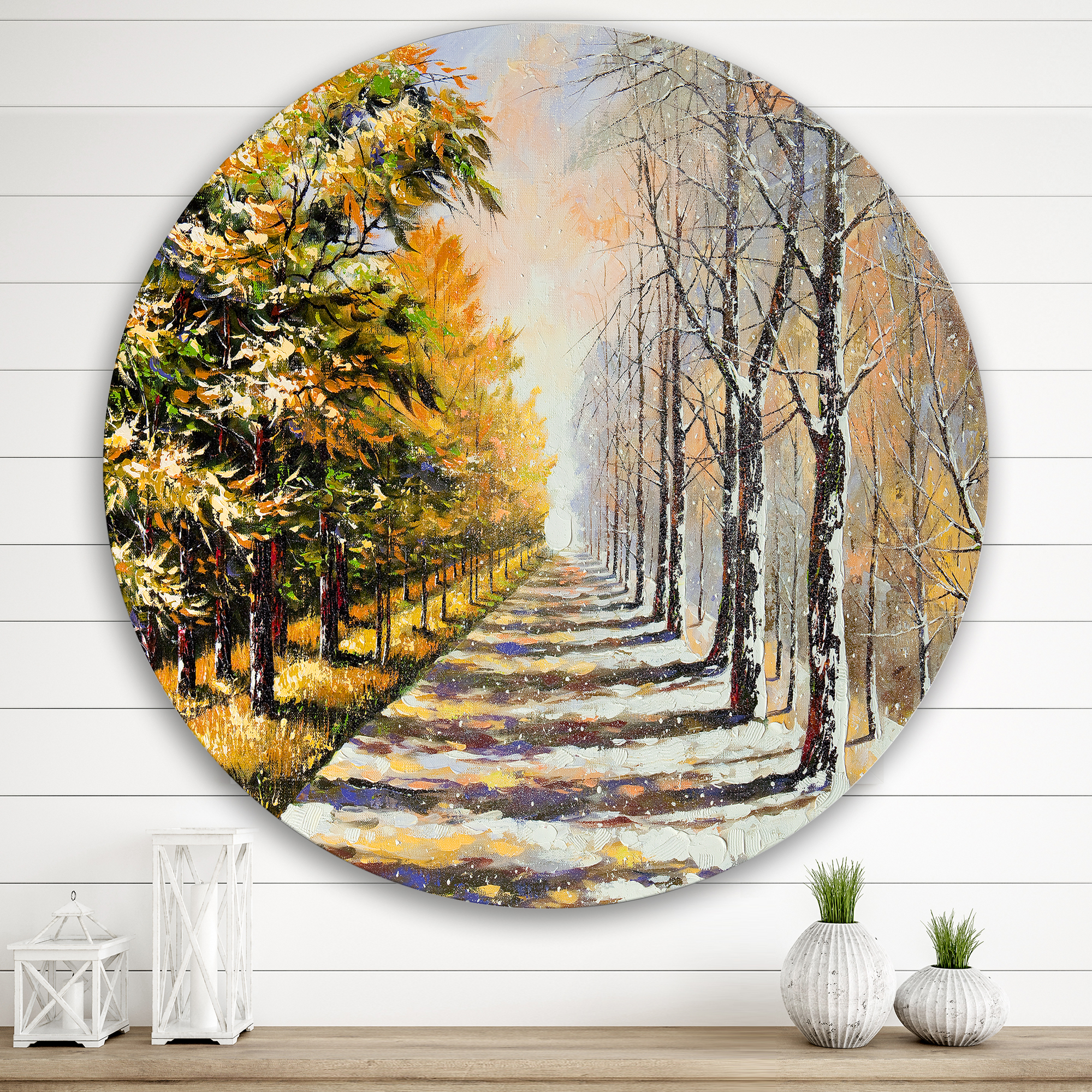 Designart 'Allegory On Theme Autumn and Winter' Traditional Circle Metal Wall Art 29x29 - Disc of 29