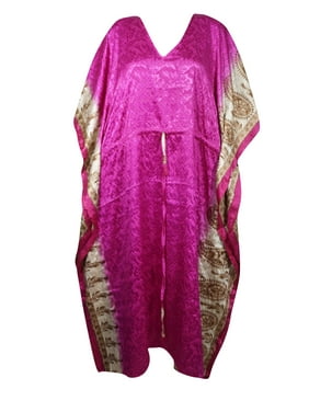 Mogul Women Beach Maxi Dress, Kaftan, Pink Off White Recycle Silk Kaftan, MATERNITY Caftan dress, Oversized Boho DRESS 2XL