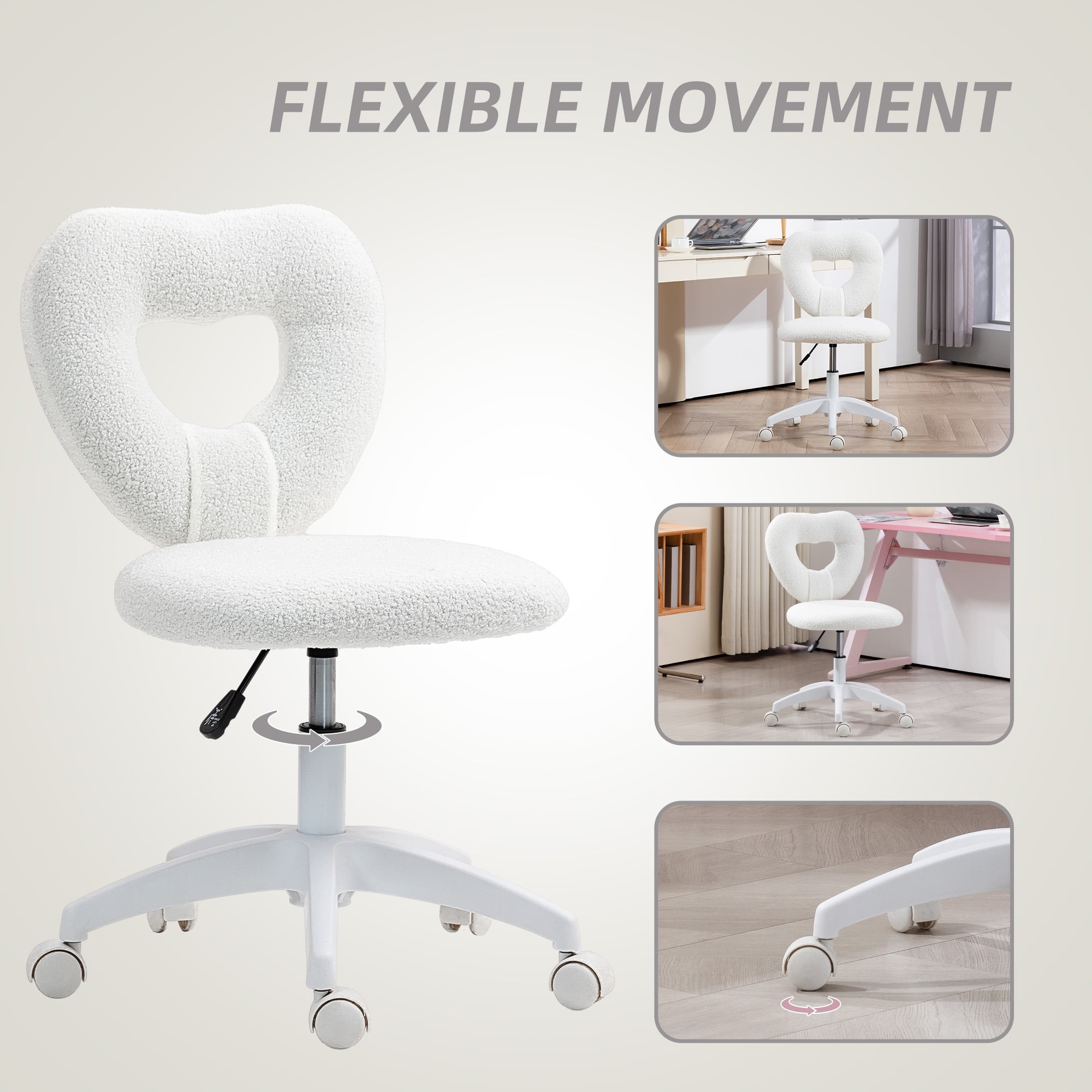 HOMCOM Armless Home Office Desk Chair, Heart Makeup Vanity Chair, White