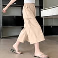 thumbnail image 2 of AHTJRT Elastic Waist Capris for Girls Elastic Waist Pockets Slacks Cooling Spring Summer Outdoor Streetwear Loungewear Cropped Pants Beige 9-10 Years, 2 of 9