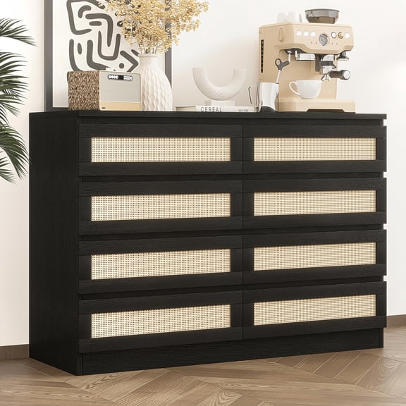 Garderth Rattan Dresser For Bedroom,Rattan 8 Drawer Dresser,Modern Double Dresser TV Stand,Wood Chest Of Drawers For Closet Living Room Hallway