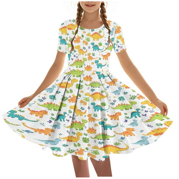 YABCSAZ Girl‘s Dresses Short Sleeve Princess Dresses Beach Sundress Casual Loose Fit Maxi Sundress Kids Summer Clothes Graphic Printed Cute Dress Toddler Baby Girls Summer Dress Size 11 Years