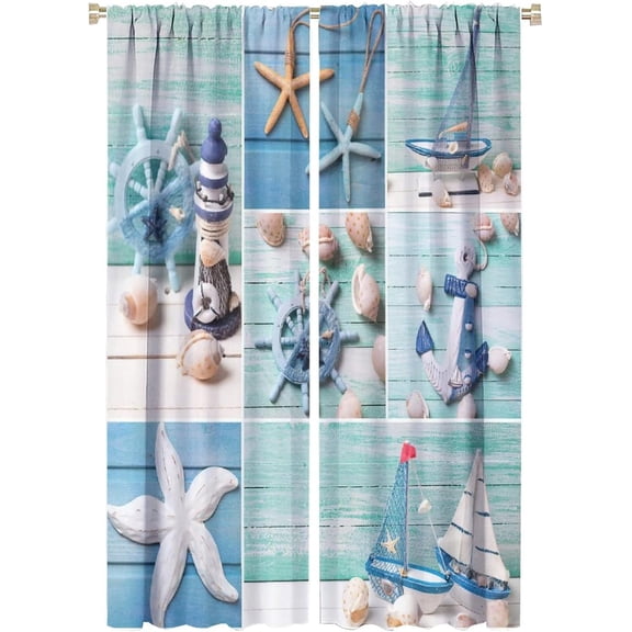 Nautical Blackout Windows Curtains, Lighthouse Anchor Rudder Theme Starfish Shell Conch Pattern Rod Pocket Curtains, for Living Room Bedroom 21(W)*63(L) 2 Panels