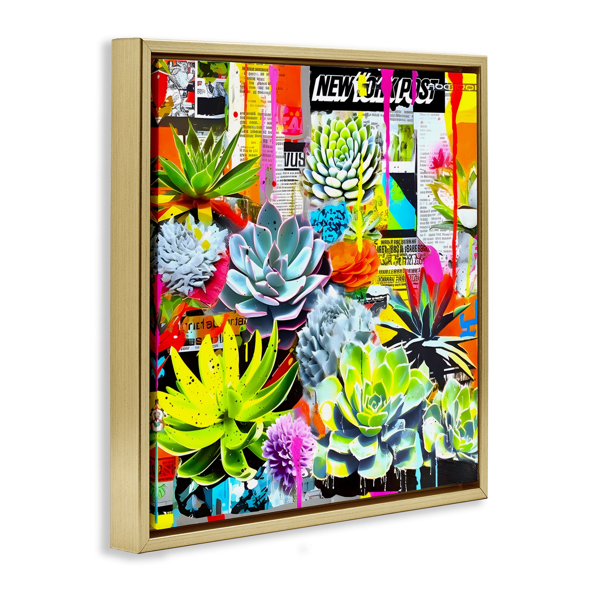Stupell Industries Urban Graffiti Succulents Plants & Flowers Painting Gold Floater Framed Canvas Art Print Wall Art, 18 x 18