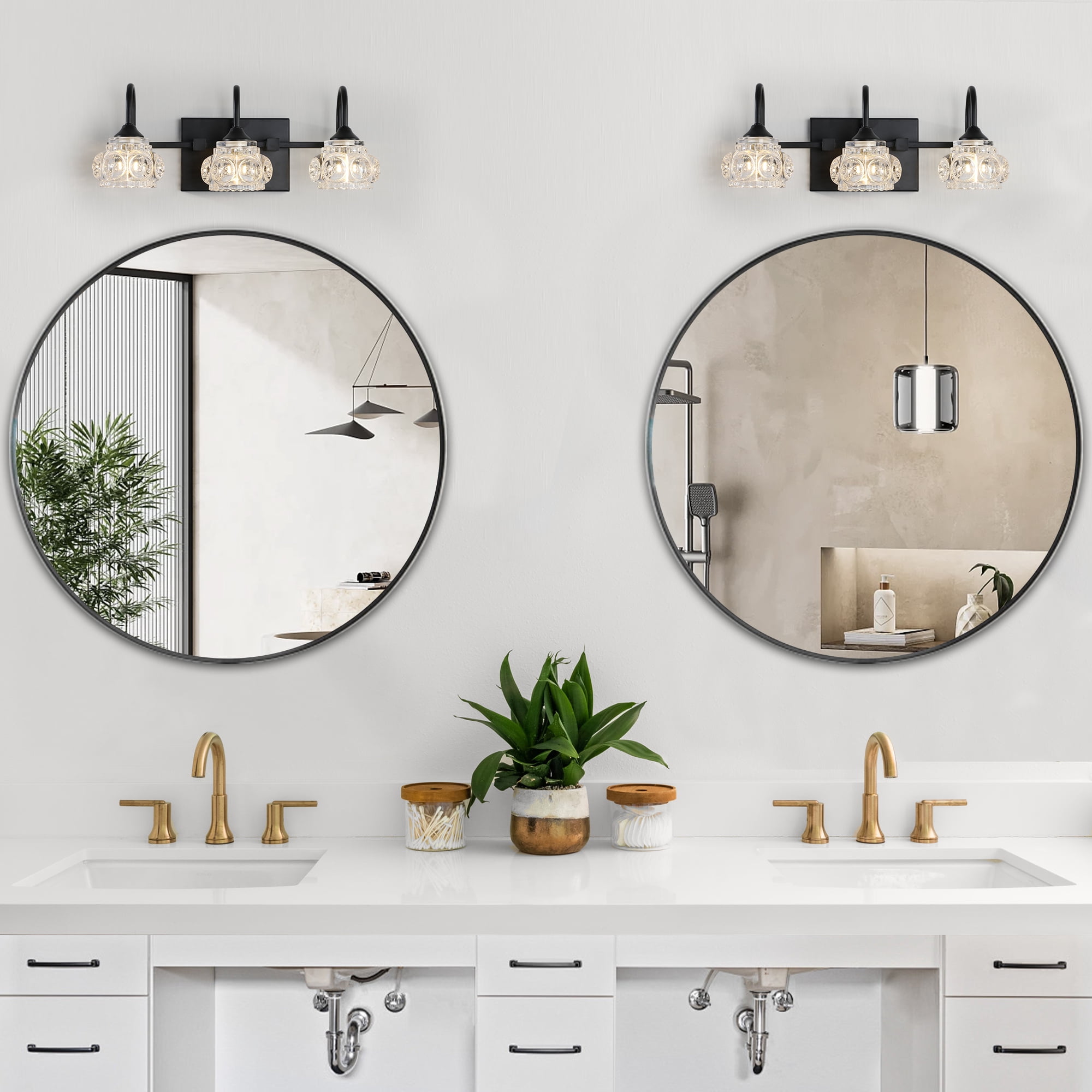 Leumius Retro 3-Light Bathroom Vanity Light Fixture - Black Finish with Crystal Glass Shades, Wall Mounted Lighting for Bathroom, Powder Room, and Vanity Mirror (No Bulbs)
