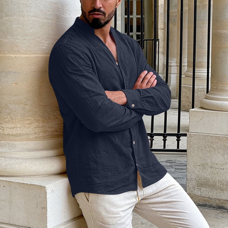 cotton linen dress shirt men Mens Cotton Linen Spring Clothes, Long Sleeve Shirts for Men Summer Casual  Lightweight Solid Color Button Down V Neck Dressy Blouses