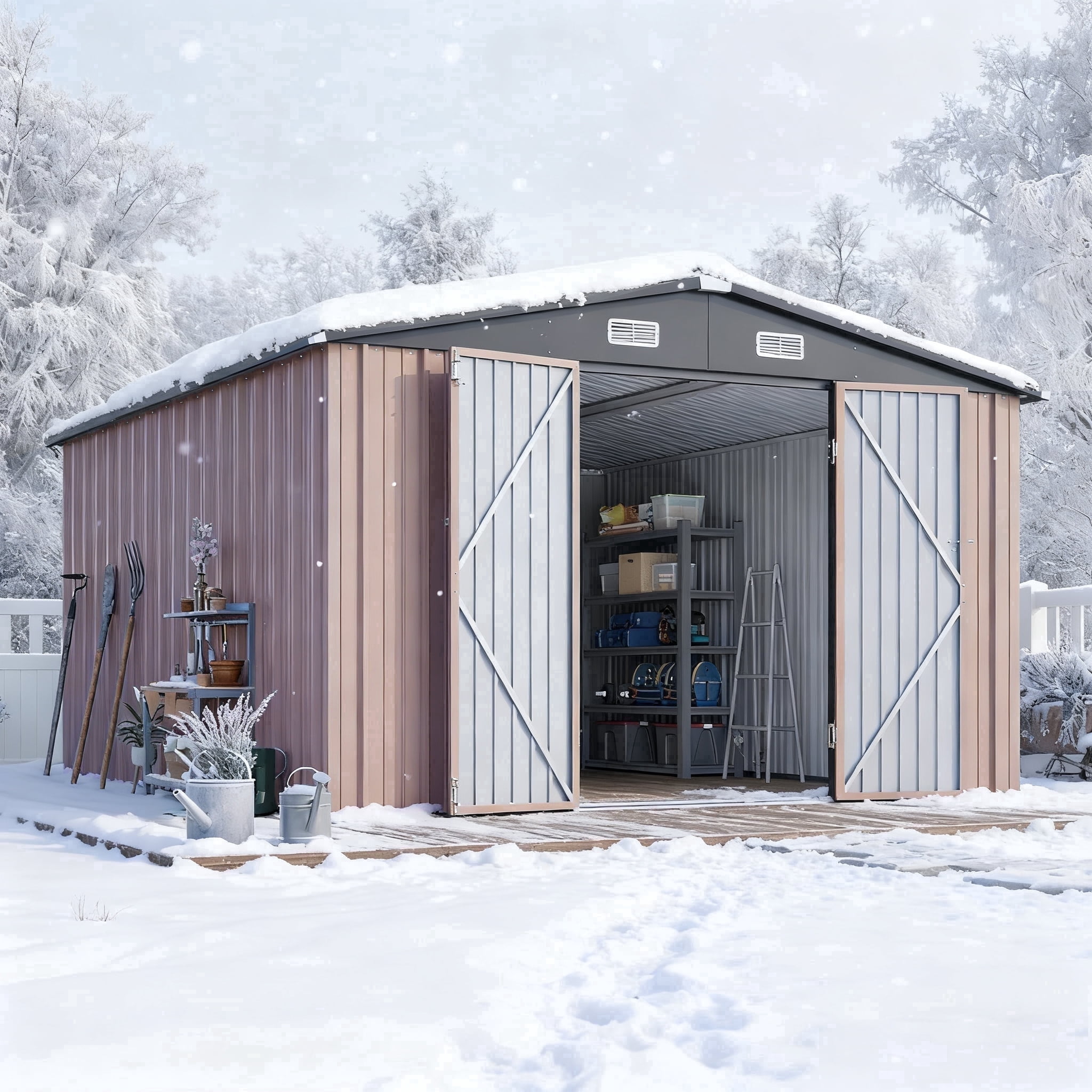 Clouddwell 10 x 12FT Shed Outdoor Storage Shed with Double Hinged Large Door, Large Metal Shed with Lockable Door & Sloped Roof for Garden, Patio and Backyard, Brown
