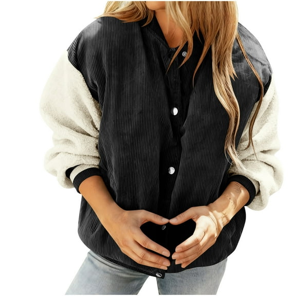 ZUKMRJPC Women's Corduroy Bomber Jacket Long Sleeve Patchwork Button Down Winter Coat Fall Winter Fashion Warm Outerwear with Pockets