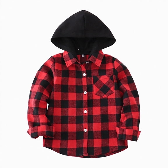 TOWED22 Boys Plaid Flannel Shirts Unisex Kids Long Sleeve Casual Button Down Shirt with Hood,Red,3-6 M
