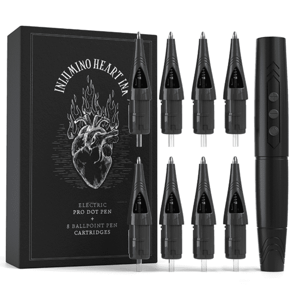 Tattoo Practice Pen by Inlumino Heart Ink – Wireless Rotary Dot Pen Machine with 8 Black Ballpoint Cartridges