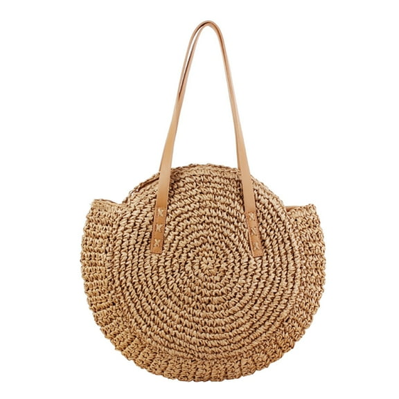 Handwoven Round Straw Beach Bag with Cotton Lining, Shoulder Tote Handbag for Women, Lightweight Beach Purse Camel