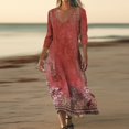 thumbnail image 2 of WTOBBY Women's Timeless Floral Print V-Neck 3/4 Sleeve Beach Dress, Relaxed Fit Midi Sundress with Casual Style for Seaside Activities,Wine M, 2 of 6