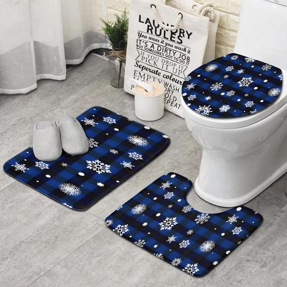 Blue Christmas Snowflake Pattern Bathroom Rugs Sets 3 Piece,Toilet Cover Set,Absorbent Non Slip Bathroom Mats Sets with U-Shaped Contour Rug Toilet Rug Set