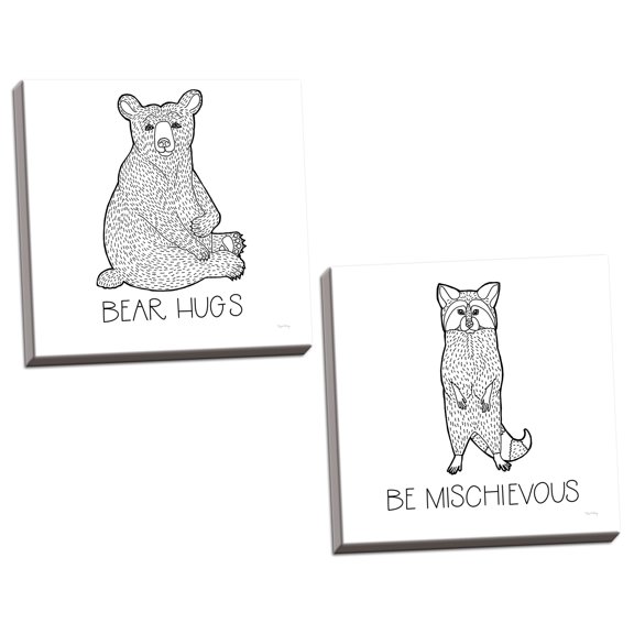 Gango Home Decor Casual Color the Forest Bear Hugs & Be Mischievous by Elyse DeNeige (Ready to Hang); Two 16x16in Hand-Stretched Canvases
