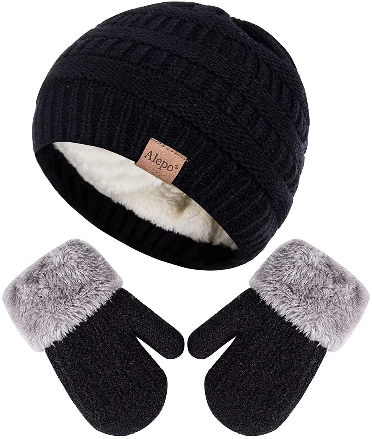 Baby Toddler Kids Winter Fleece Lined Knit Beanie Hat and Warm Mitten Gloves Set 