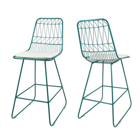 Emory Indoor Wire Counter Stools with Cushions (Set of 2), Teal and Ivory