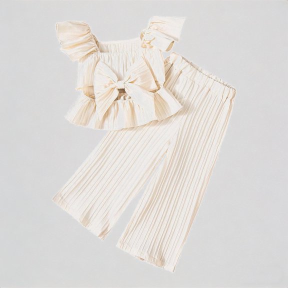 Krdevn Girls Outfits Set Toddler Summer Casual Bow Tie Blouse with Elastic Waist Playful Romper for Daily Wear,6-7 Years