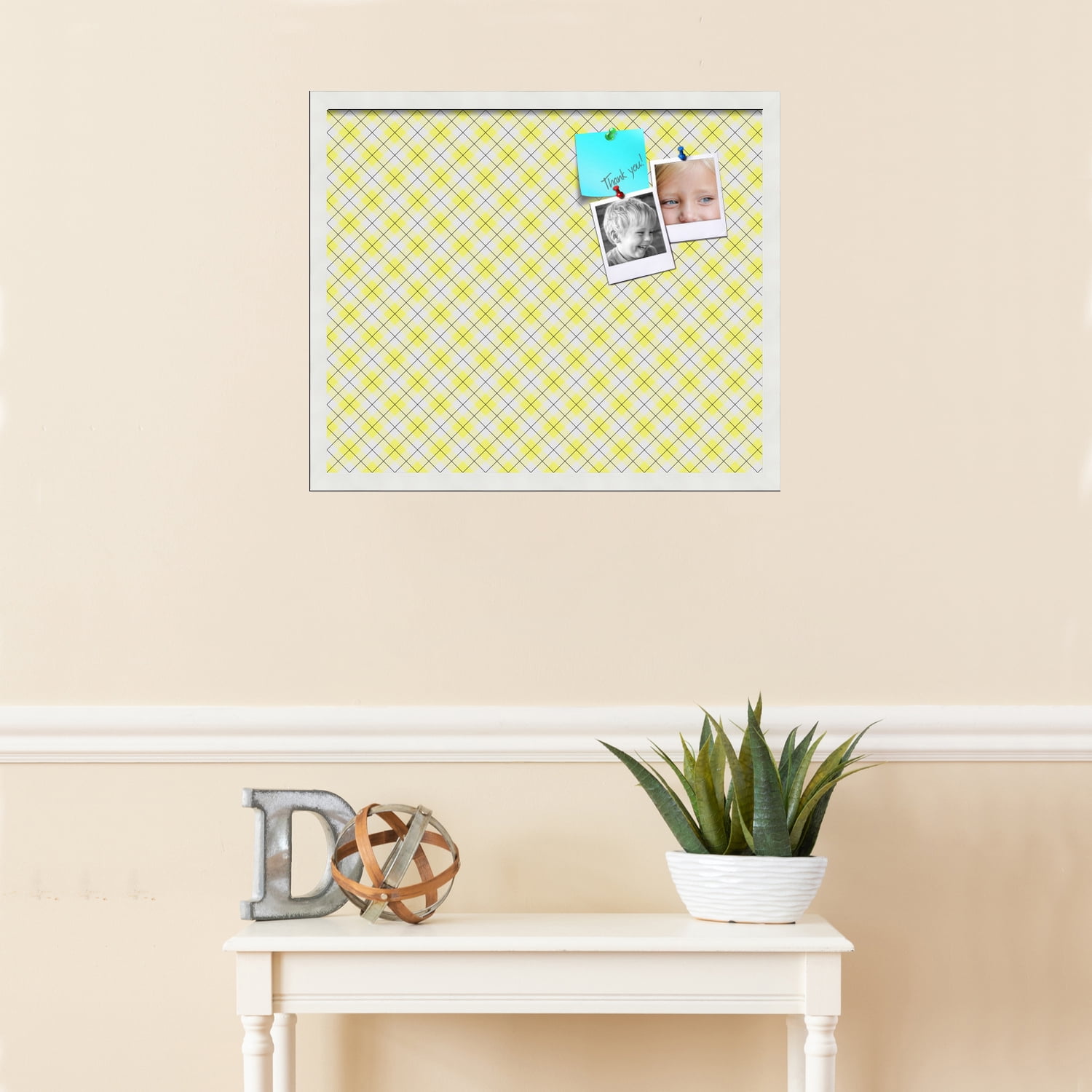 PinPix ArtToFrames 22x18 Custom Cork Bulletin Board Argyle Bright Yellow   Poster Board Has a Fabric Style Canvas Finish, Framed in Satin White Frame (PinPix-647)