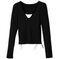 thumbnail image 4 of Arlun, Two Pieces T Shirts for Women Casual V Neck Long Sleeve Slim Fit Tops Solid Color Splicing Soft Comfortable Lightweight Fall Basic Workout Tshirts Black S, 4 of 4