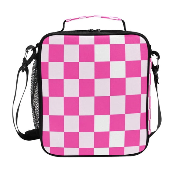 Square Insulated Lunch Bag Leak-proof Lunch Box for Outdoor Work Picnic Hot Pink Checkered Pattern