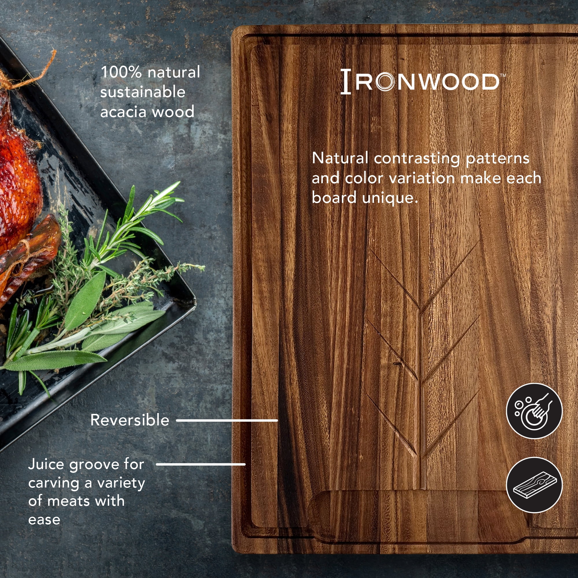 Ironwood Gourmet Osterbotten Rectangular Carving Board, 20" x 14" Acacia Wood Cutting Board With Juice Groove