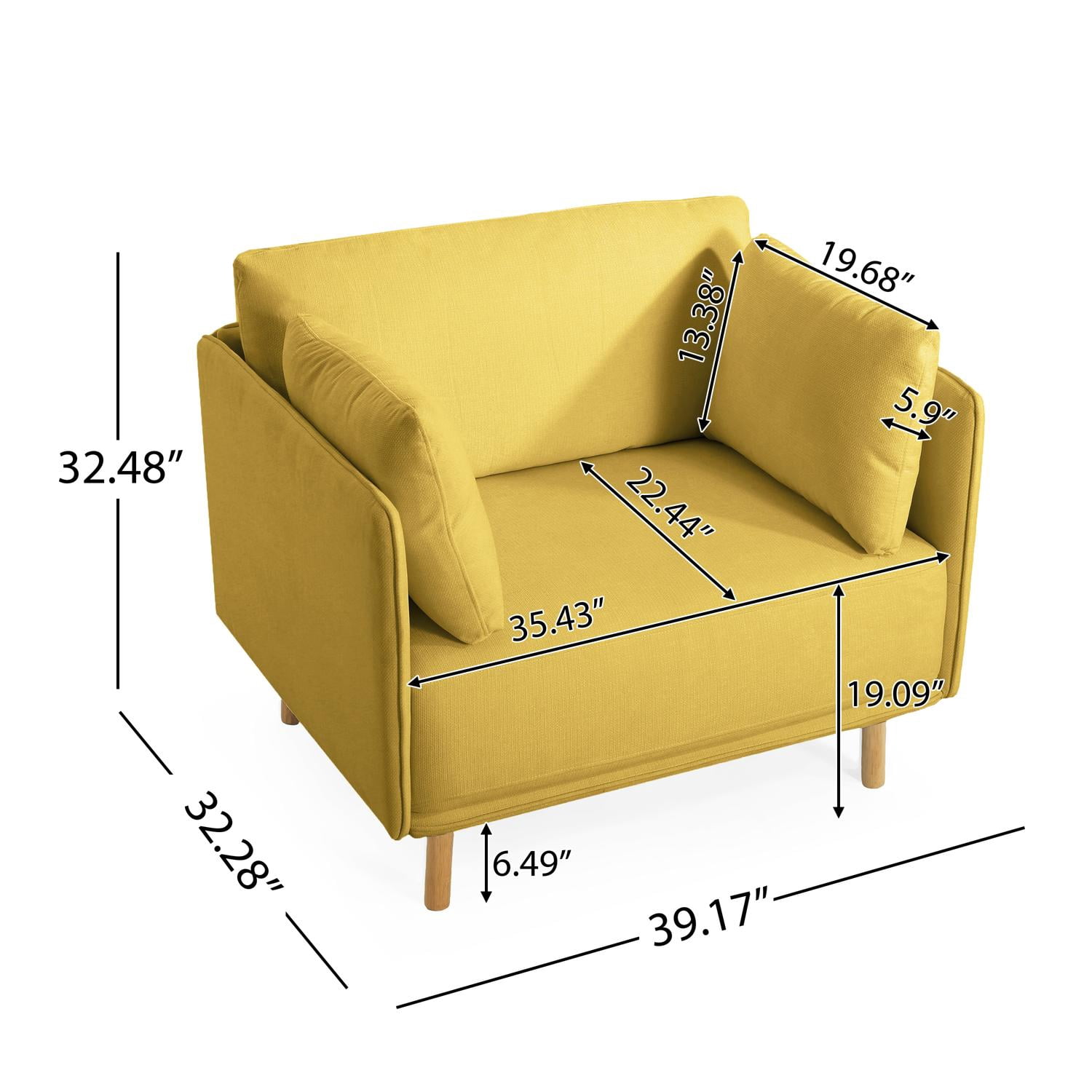 Modern Upholstered Accent Chair with 2 Pillow,Solid Wood Arm Reading Lounge Lazy Sofa for Living Room Bedroom,Guest Room,Yellow