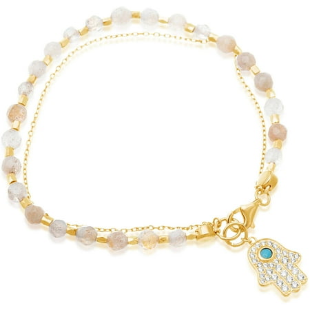 14kt Gold over Sterling Silver Labradorite Bracelet with CZ Hamsa