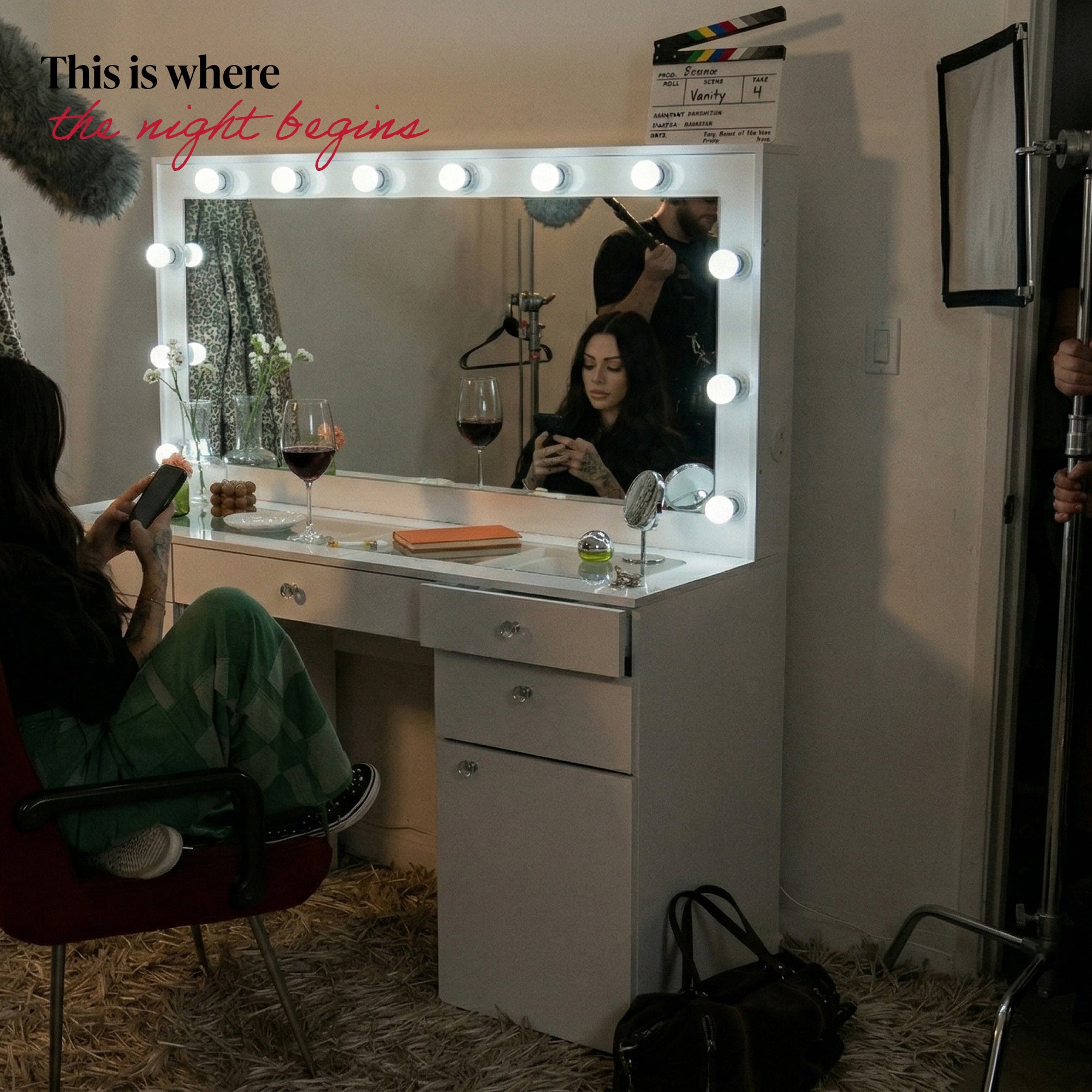 Boahaus Verona Large Vanity Desk with Mirror and Lights – 5 Drawer Makeup Vanity Table with Storage and Power Outlet