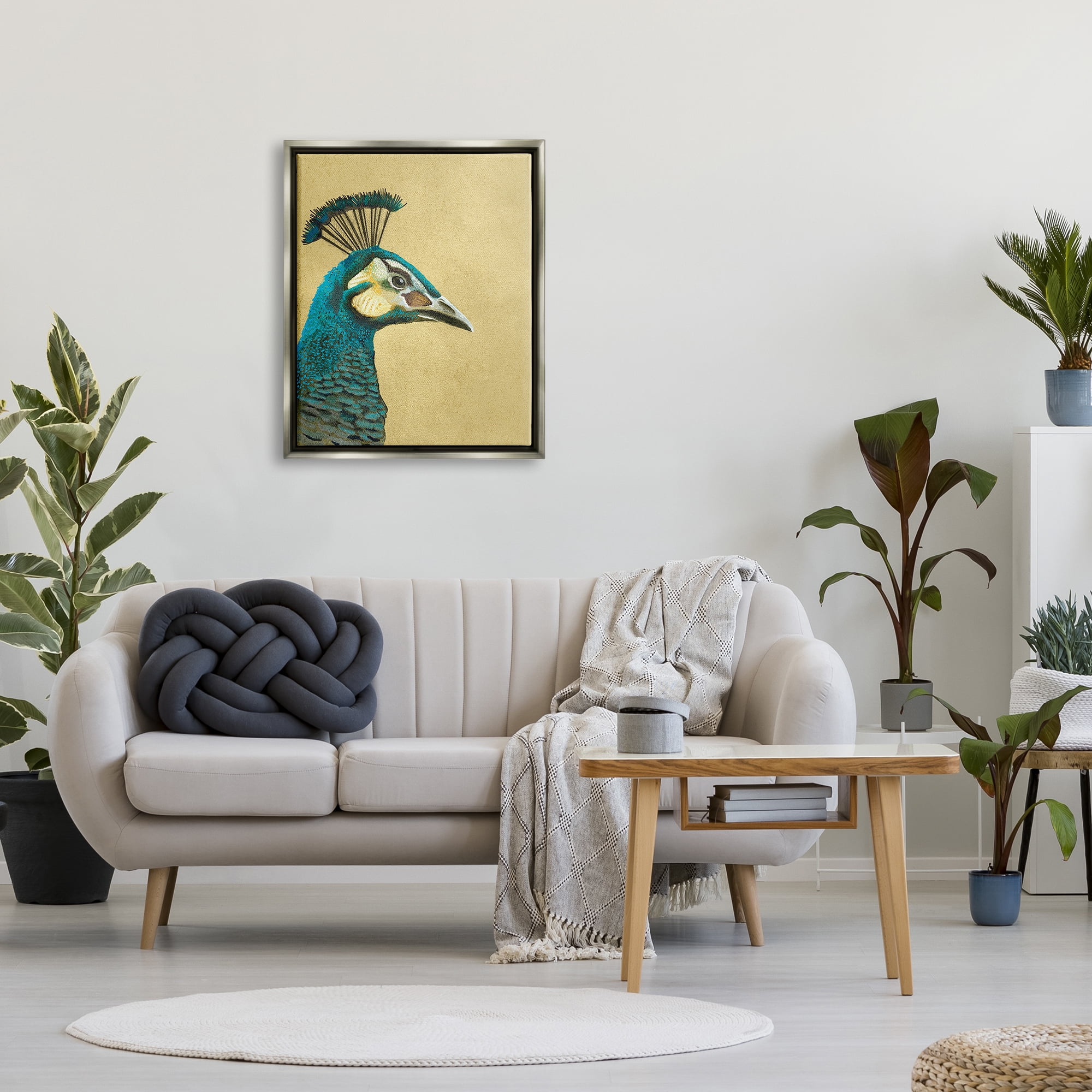 Stupell Industries Peacock Looking Right Animals & Insects Painting Gray Floater Framed Canvas Art Print Wall Art, 25 x 31