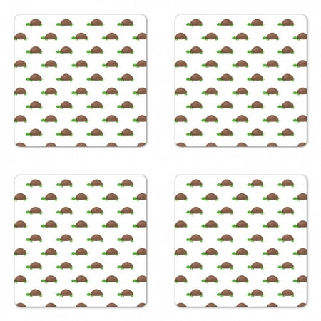 

Turtle Coaster Set of 4 Rhythmic Demonstration of Animal Motifs in Cartoon Style Childish Layout Square Hardboard Gloss Coasters Standard Size Umber Green and White by Ambesonne